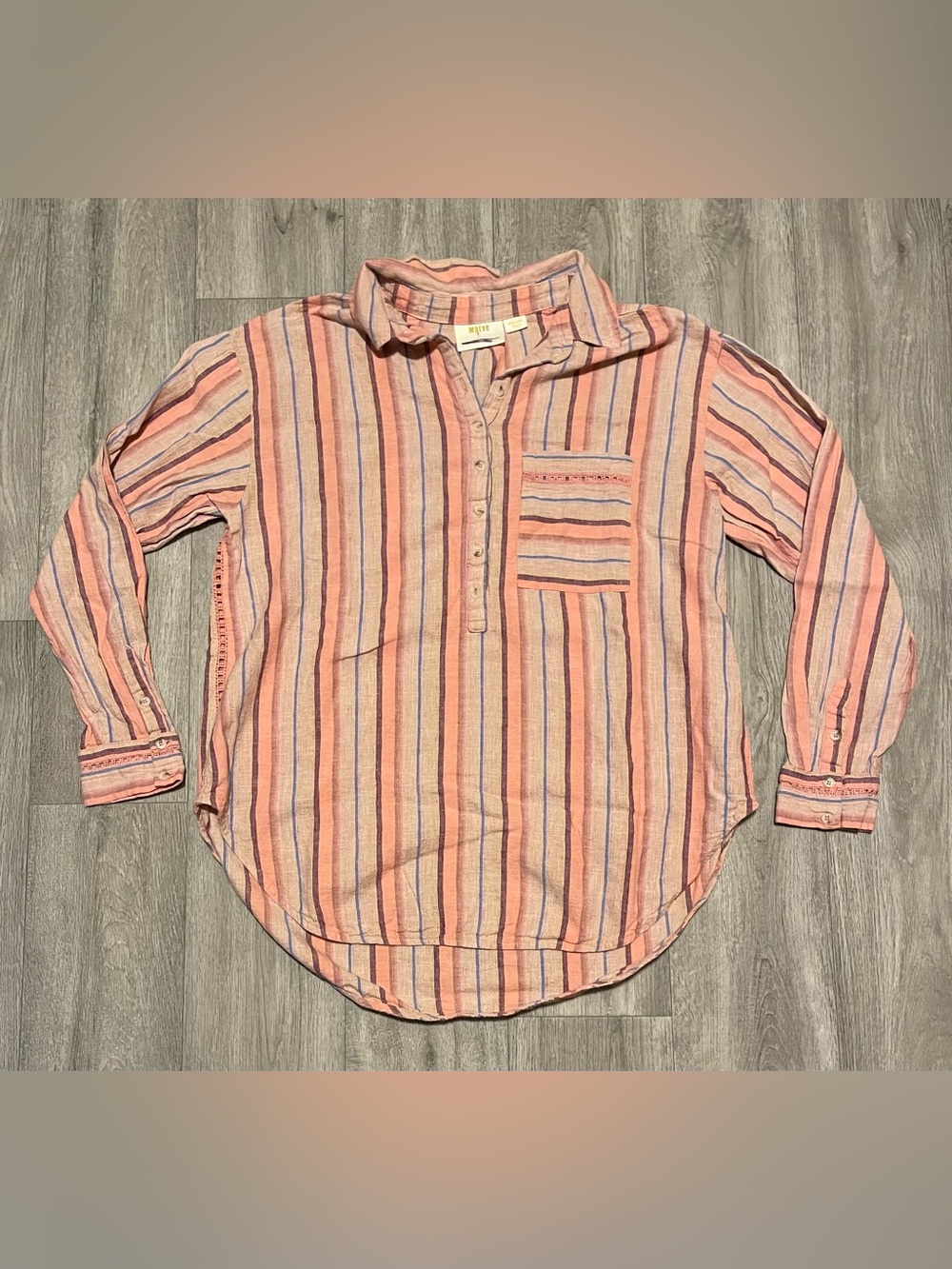 Maeve Anthropologie Size Medium Lida Linen Blend Button Blouse Crochet Striped